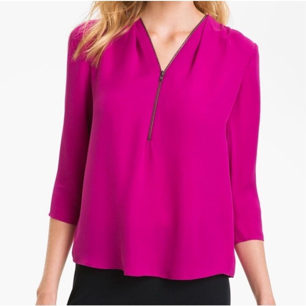 Theory 3/4 sleeve fuchsia hot pink silk zipper neckline blouse size petite